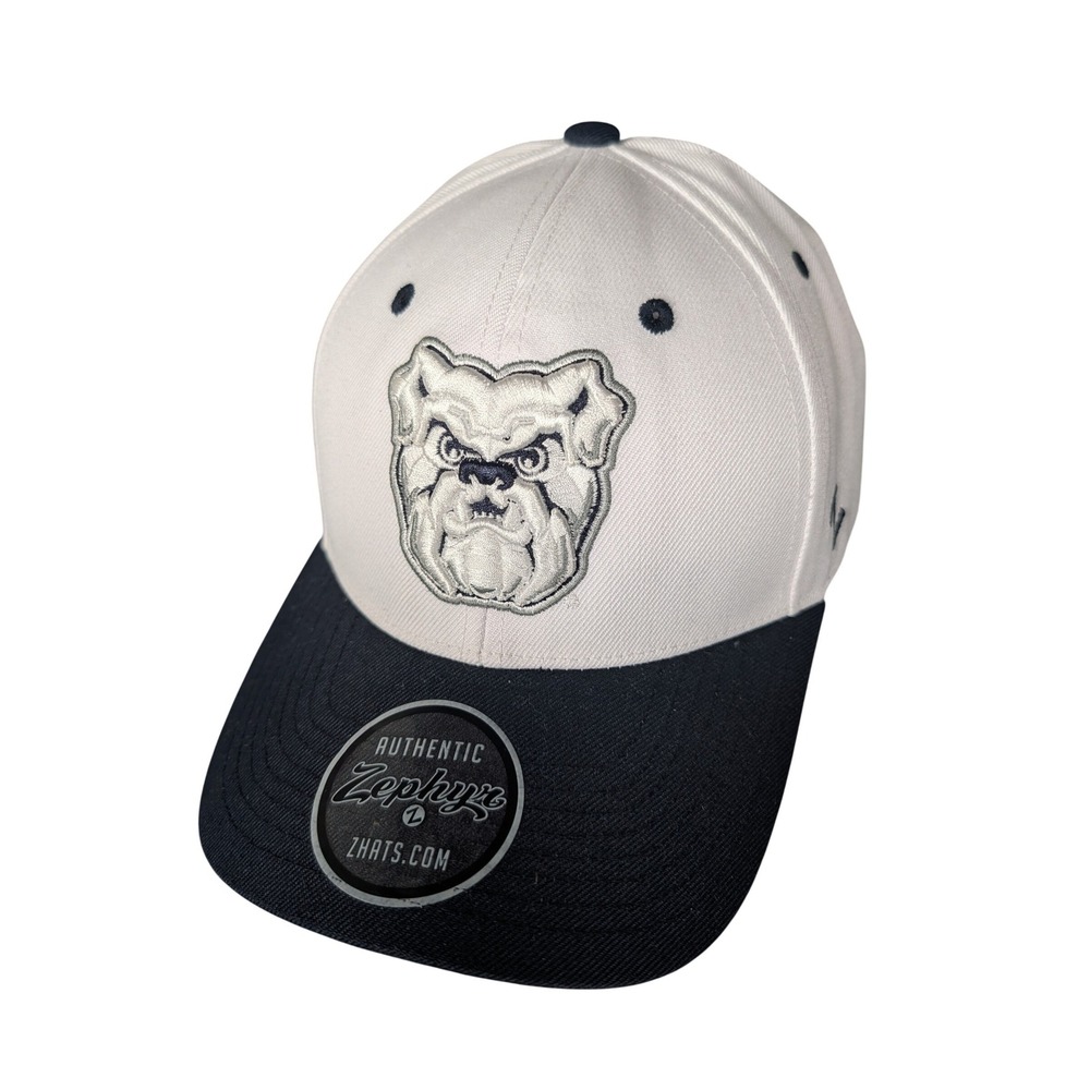 Zephyr Authentic Bulldog Embroidered Baseball Cap White‎ Navy Flex Fit Size L